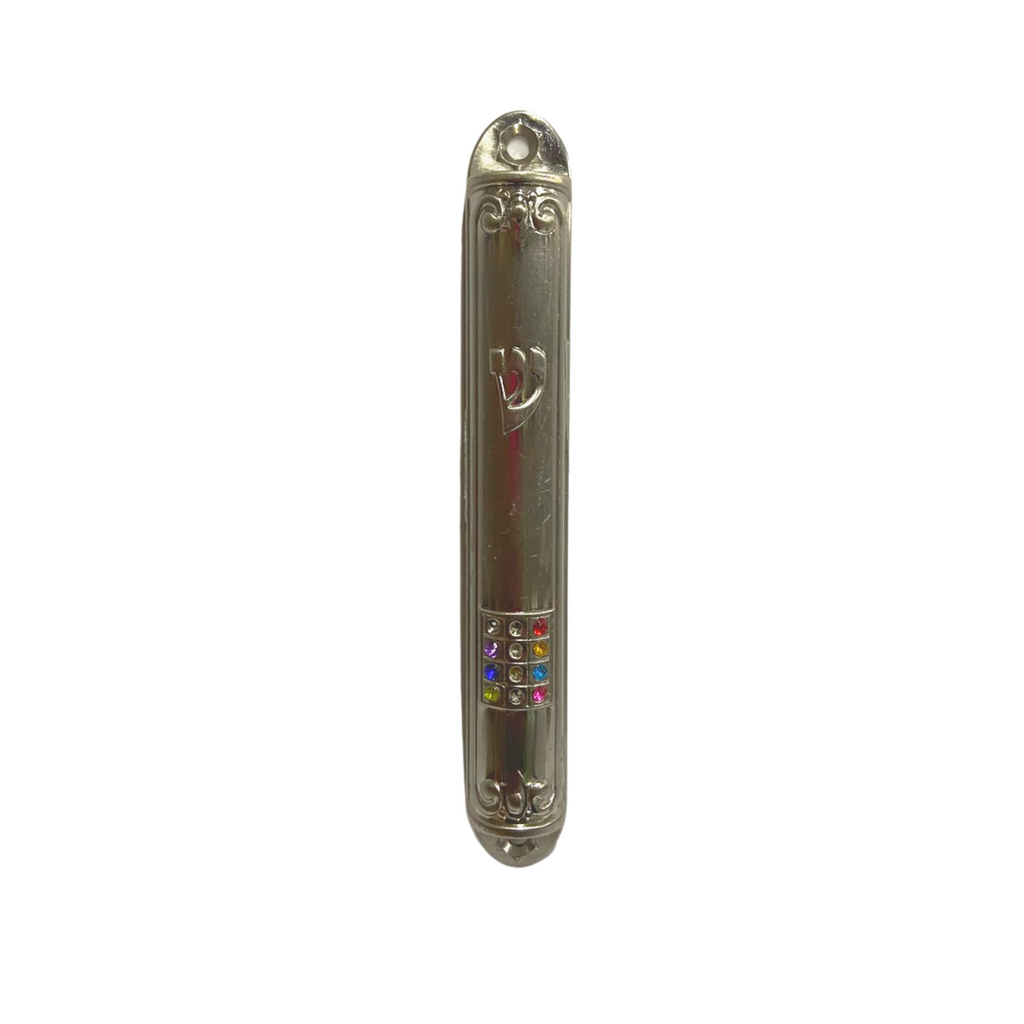 CAJA DE MEZUZOT METALICA CON PIEDRAS 12 CM