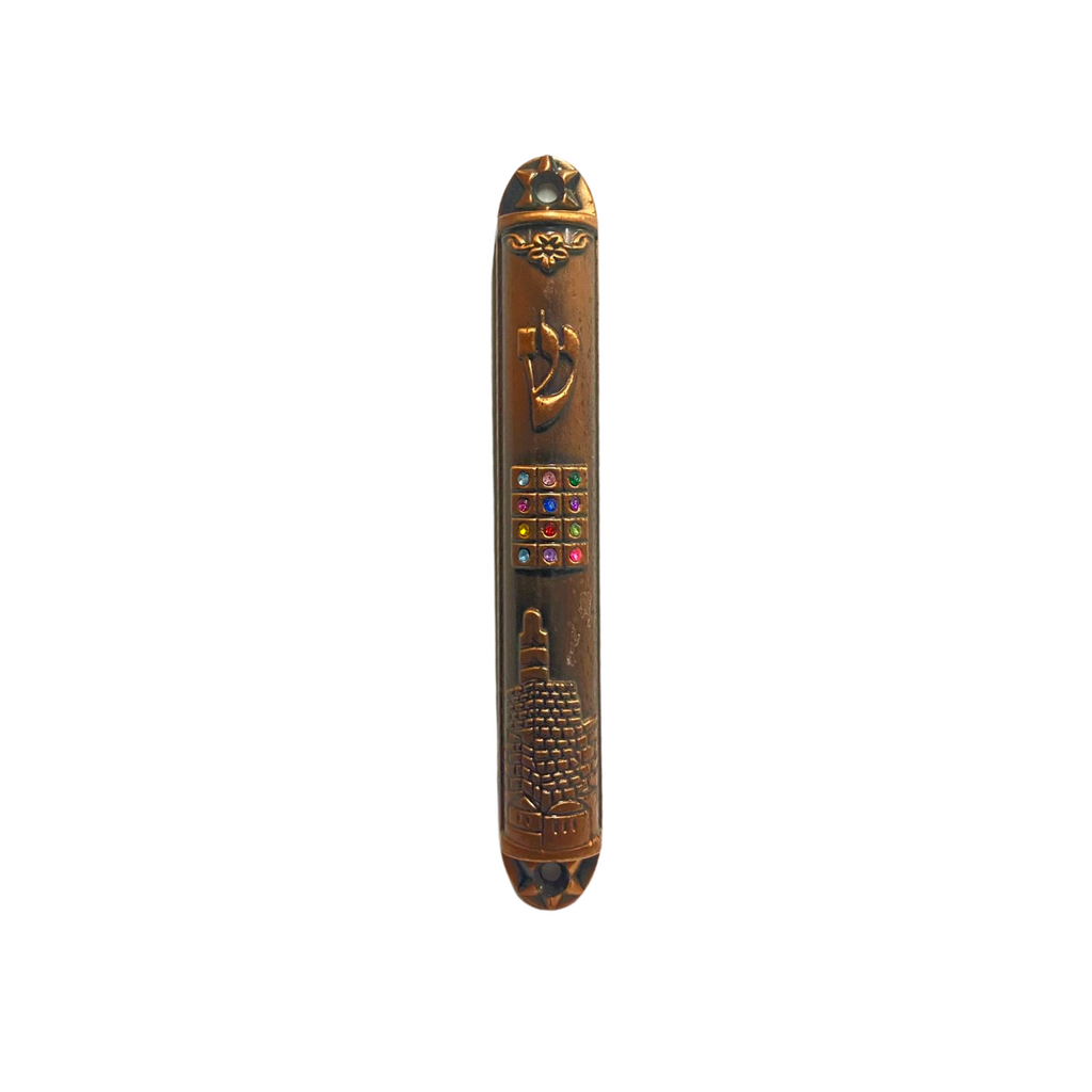 CAJA DE MEZUZAH METALICA BRONCE CON PIEDRAS 12 CM