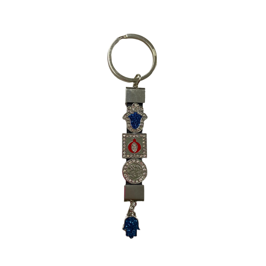 LLAVEROS 4 ADORNOS (HAMSA, GRANADA, SHEMA Y PIEDRA)