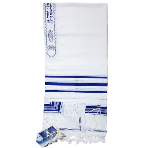 TALLIT ACRILICO AZUL Y BLANCO CON RAYAS PLATEADAS