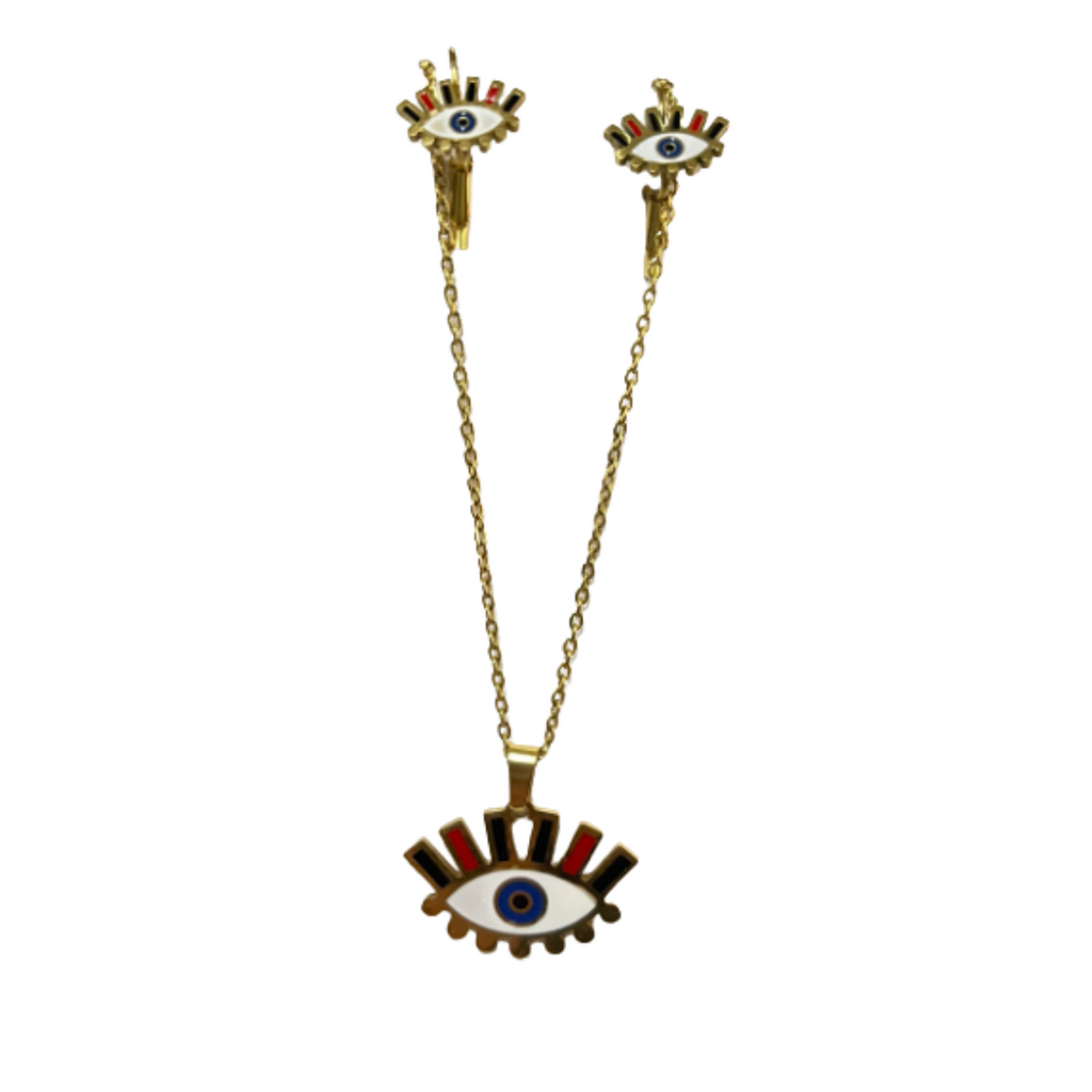 JUEGO DE ARETES Y CADENA OJO