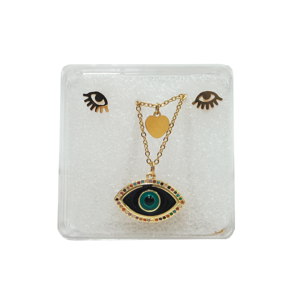 JUEGO DE CADENAS Y ARETES DE OJITOS VERDES
