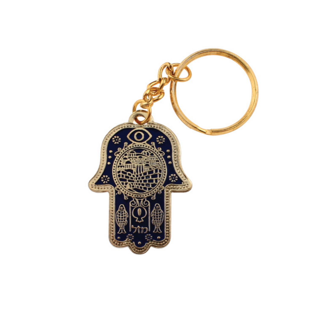 LLAVERO HAMSA DORADO Y AZUL
